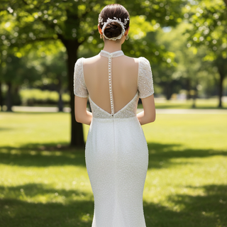 High Neck Sequin Wedding Dress Mermaid Bridal Gown Short Sleeve