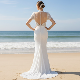 High Neck Sequin Wedding Dress Mermaid Bridal Gown Short Sleeve