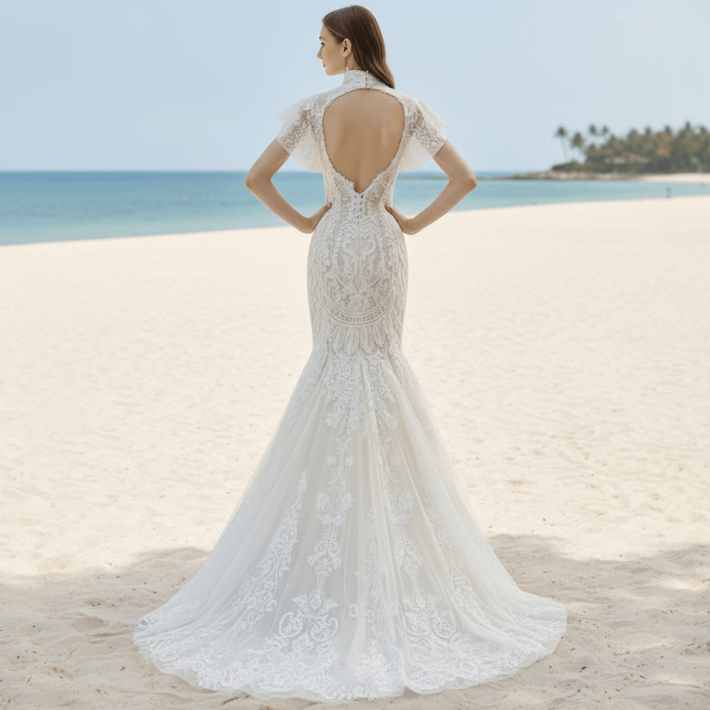 O-Neck Trumpet Lace Keyhole Wedding Dress with Short Puffy Sleeve - Rosymae