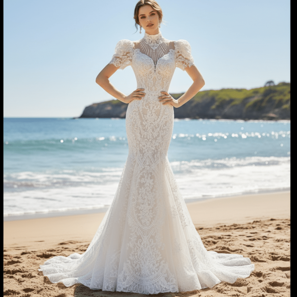 O-Neck Trumpet Lace Keyhole Wedding Dress with Short Puffy Sleeve - Rosymae
