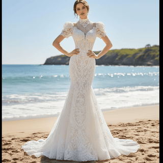 O-Neck Trumpet Lace Keyhole Wedding Dress with Short Puffy Sleeve - Rosymae
