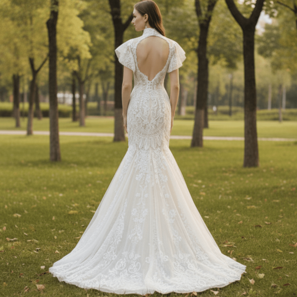 O-Neck Trumpet Lace Keyhole Wedding Dress with Short Puffy Sleeve - Rosymae
