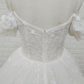Off-Shoulder 3D Floral Pearl Ball Gown Wedding Dress with Glitter Tulle & Train