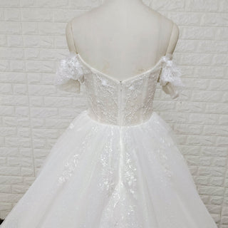 Off-Shoulder 3D Floral Pearl Ball Gown Wedding Dress with Glitter Tulle & Train