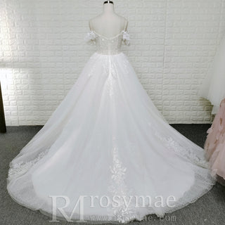 Off-Shoulder 3D Floral Pearl Ball Gown Wedding Dress with Glitter Tulle & Train