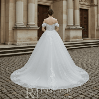Off-Shoulder 3D Floral Pearl Ball Gown Wedding Dress with Glitter Tulle & Train