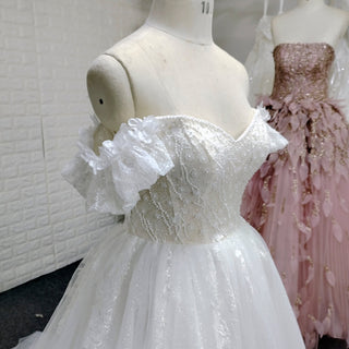 Off-Shoulder 3D Floral Pearl Ball Gown Wedding Dress with Glitter Tulle & Train