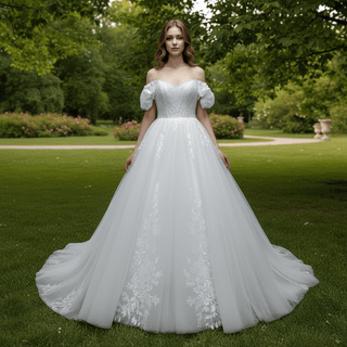 Off-Shoulder 3D Floral Pearl Ball Gown Wedding Dress with Glitter Tulle & Train
