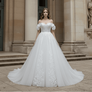 Off-Shoulder 3D Floral Pearl Ball Gown Wedding Dress with Glitter Tulle & Train