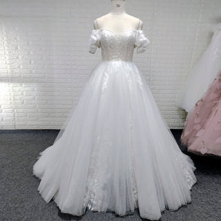 Off-Shoulder 3D Floral Pearl Ball Gown Wedding Dress with Glitter Tulle & Train