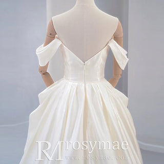 Ruched Satin Lace A-line Wedding Dresses with Off Shoulder