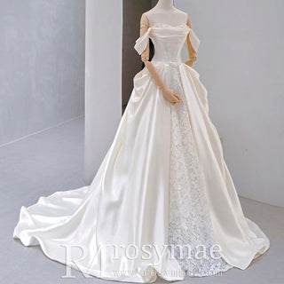 Ruched Satin Lace A-line Wedding Dresses with Off Shoulder