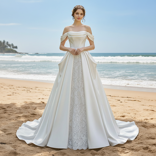 Ruched Satin Lace A-line Wedding Dresses with Off Shoulder