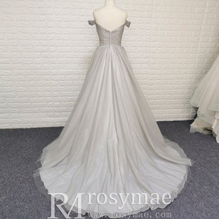 Off-Shoulder A-Line Sparkly Tulle Prom Dress with Vneck - Rosymae