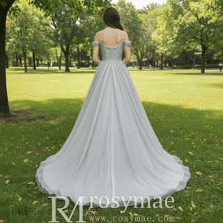 Off-Shoulder A-Line Sparkly Tulle Prom Dress with Vneck - Rosymae