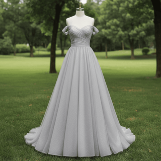 Off-Shoulder A-Line Sparkly Tulle Prom Dress with Vneck - Rosymae