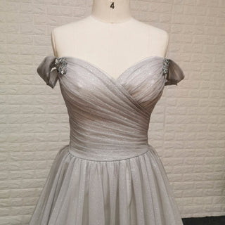 Off-Shoulder A-Line Sparkly Tulle Prom Dress with Vneck - Rosymae