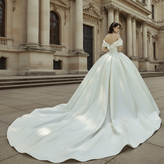 Asymmetric Off the Shoulder Ruched Ball Gown Wedding Dress Ivory