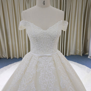 Off the Shoulder Ball Gown V-neck Wedding Dress with Low Back
