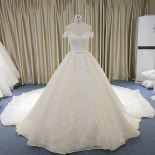 Off the Shoulder Ball Gown V-neck Wedding Dress with Low Back