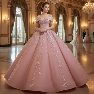 Pink Ball Gown Lace Appliqued Vneck Quinceanera Dresses