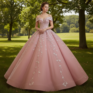 Pink Ball Gown Lace Appliqued Vneck Quinceanera Dresses