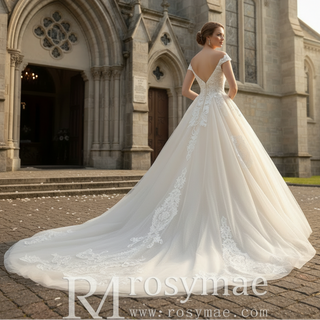 Floral Lace Elegant V Neck and V Back Wedding Dress with Off the Shoulder