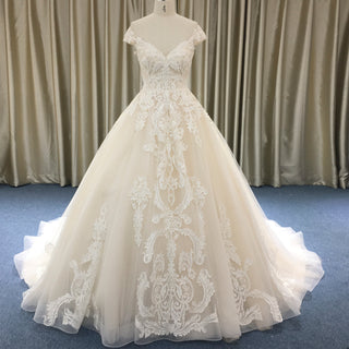 Floral Lace Elegant V Neck and V Back Wedding Dress with Off the Shoulder