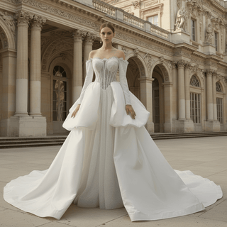 Off Shoulder Ball Gown Wedding Dress with Overskirt & Beaded Corset Bodice - Rosymae
