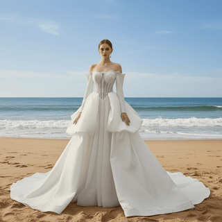 Off Shoulder Ball Gown Wedding Dress with Overskirt & Beaded Corset Bodice - Rosymae
