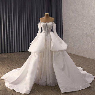 Off Shoulder Ball Gown Wedding Dress with Overskirt & Beaded Corset Bodice - Rosymae