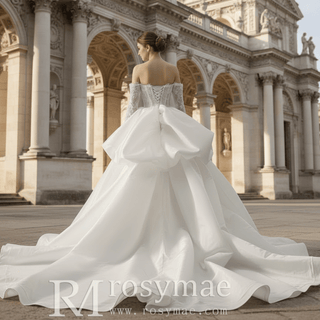 Off Shoulder Ball Gown Wedding Dress with Overskirt & Beaded Corset Bodice - Rosymae