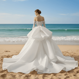Off Shoulder Ball Gown Wedding Dress with Overskirt & Beaded Corset Bodice - Rosymae