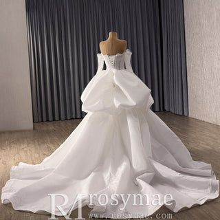 Off Shoulder Ball Gown Wedding Dress with Overskirt & Beaded Corset Bodice - Rosymae