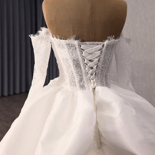 Off Shoulder Ball Gown Wedding Dress with Overskirt & Beaded Corset Bodice - Rosymae