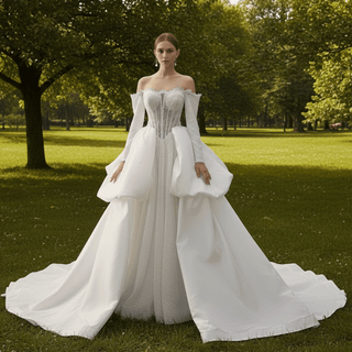 Off Shoulder Ball Gown Wedding Dress with Overskirt & Beaded Corset Bodice - Rosymae