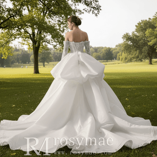 Off Shoulder Ball Gown Wedding Dress with Overskirt & Beaded Corset Bodice - Rosymae