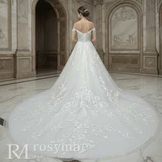 Off Shoulder Ballgown Sheer Bodice Wedding Dress with Long Train - Rosymae