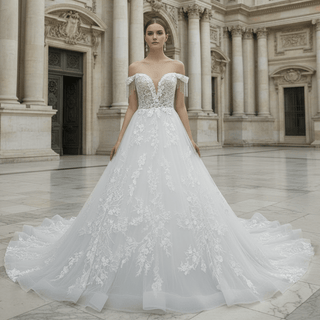 Off Shoulder Ballgown Sheer Bodice Wedding Dress with Long Train - Rosymae