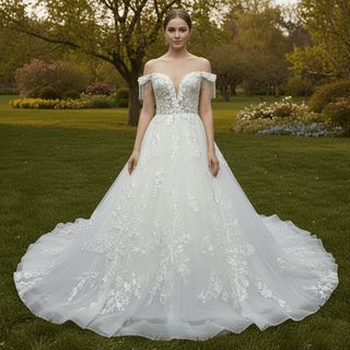 Off Shoulder Ballgown Sheer Bodice Wedding Dress with Long Train - Rosymae