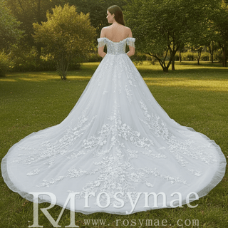 Off Shoulder Ballgown Sheer Bodice Wedding Dress with Long Train - Rosymae