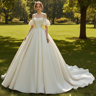 Off Shoulder Champagne Satin Wedding Dress with Short Sleeve - Rosymae