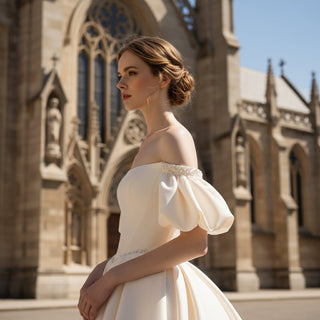 Off Shoulder Champagne Satin Wedding Dress with Short Sleeve - Rosymae