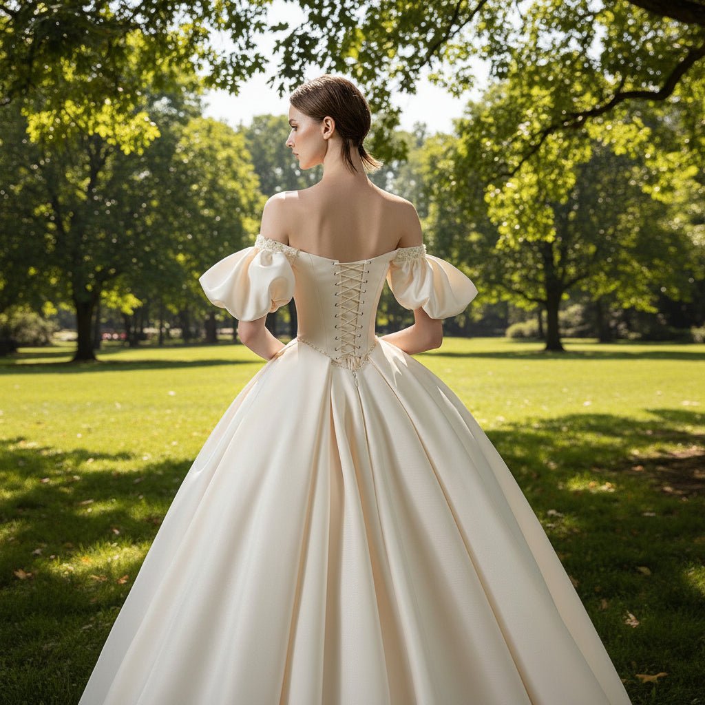 Off Shoulder Champagne Satin Wedding Dress with Short Sleeve - Rosymae