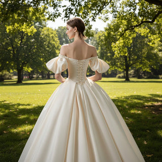 Off Shoulder Champagne Satin Wedding Dress with Short Sleeve - Rosymae