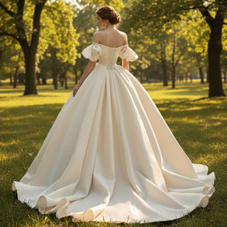 Off Shoulder Champagne Satin Wedding Dress with Short Sleeve - Rosymae