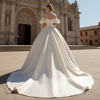 Off Shoulder Champagne Satin Wedding Dress with Short Sleeve - Rosymae