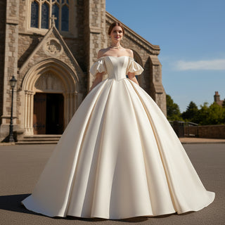 Off Shoulder Champagne Satin Wedding Dress with Short Sleeve Light Champagne / 16W Off Shoulder Champagne Satin Wedding Dress with Short Sleeve Light Champagne / 16W