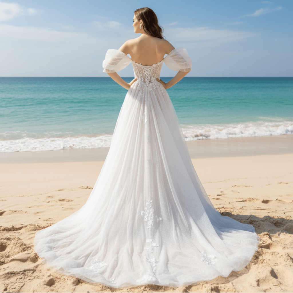 Off Shoulder Dot Tulle A-line Country Wedding Dress with Leg Slit - Rosymae