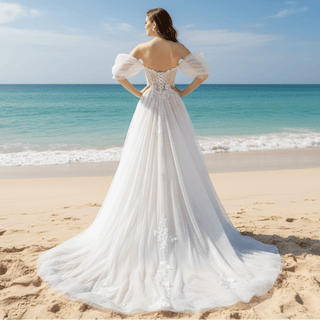 Off Shoulder Dot Tulle A-line Country Wedding Dress with Leg Slit - Rosymae